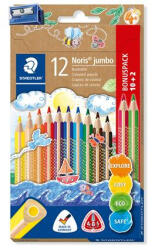 STAEDTLER Színes ceruza készlet, háromszögletű, vastag, hegyezővel, STAEDTLER "Noris Jumbo 128", 10+2 különböző szín (128 NC12P1)