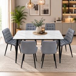 Saltsib Set masa living Lineo FDT1, blat ceramica, structura metalica, 140x80x75 cm, alb gri si 6 scaune Gloria FDC20, tapiterie catifea, 90 kg, gri (S4243,4297x6)