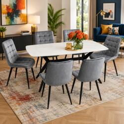 Saltsib Set masa living Elegant FDT4, blat ceramica, structura metalica, 140x80x75 cm, alb gri si 6 scaune Gloria FDC20, tapiterie catifea, 90 kg, gri (S4245,4297x6)