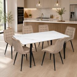 Saltsib Set masa living Lineo FDT1, blat ceramica, structura metalica, 140x80x75 cm, alb maro si 6 scaune Gloria FDC20, tapiterie catifea, 90 kg, bej (S4244, 4298x6)