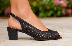Cris & Deea Sandale damă negre din piele naturală perforată cu toc gros și vârf decupat - CP431N, marimea 40