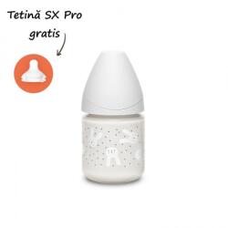 Suavinex Biberon din sticlă 120 ml cu tetină rotundă din silicon, debit lent, iepuraș gri Hygge Suavinex