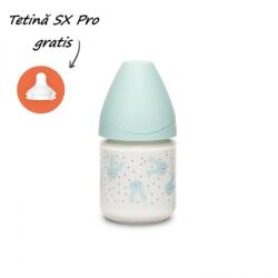 Suavinex Biberon din sticlă 120 ml cu tetină rotundă din silicon, debit lent, iepuraș verde Hygge Suavinex