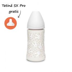 Suavinex Biberon 270 ml cu tetină rotundă din silicon, 3 fluxuri, iepuraș gri Hygge Suavinex