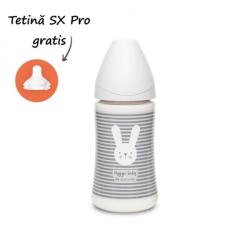 Suavinex Biberon 270 ml cu tetină rotundă din silicon, 3 fluxuri, iepuraș cu linii gri, Hygge Suavinex