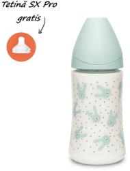 Suavinex Biberon 270 ml cu tetină rotundă din silicon, 3 fluxuri, iepuraș verde Hygge Suavinex