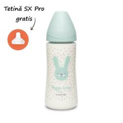 Suavinex Biberon 360 ml cu tetină rotundă din silicon, debit dens, iepuraș verde Hygge Suavinex
