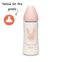 Suavinex Biberon 360 ml cu tetină rotundă din silicon, debit dens, iepuraș roz Hygge Suavinex