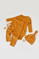 BabyCosy Set 3 piese: body cu maneca lunga, pantaloni lungi si caciulita din bumbac organic si modal - Mustar, BabyCosy (Marime: 9-12 luni)