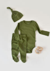 BabyCosy Set 3 piese: body cu maneca lunga, pantaloni lungi cu botosei si caciulita din bumbac organic si modal - Verde BabyCosy (Marime: 3-6 Luni)