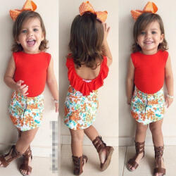 drool Set tricou rosu cu volanas si fusta cu floricele Drool (Marime: 120)