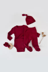 BabyCosy Set 3 piese: body cu maneca lunga, pantaloni lungi cu botosei si caciulita din bumbac organic si modal - Rosu, BabyCosy (Marime: 3-6 Luni)