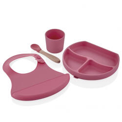 BabyJem Set diversificare 4 piese din silicon BabyJem: bavetica, farfurie, lingurita si pahar (Culoare: Roz) Set pentru masa bebelusi