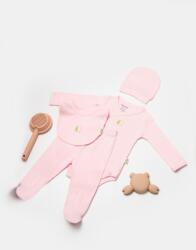 BabyCosy Set 4 piese: body, pantaloni, baveta si caciulita Bamboo, roz, BabyCosy, 50% bumbac+50mbus (Marime: 3-6 Luni)
