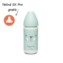 Suavinex Biberon din sticlă 240 ml cu tetină rotundă din silicon, 3 fluxuri, pisică verde Hygge Suavinex