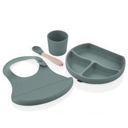 BabyJem Set diversificare 4 piese din silicon BabyJem: bavetica, farfurie, lingurita si pahar (Culoare: Vernil) Set pentru masa bebelusi
