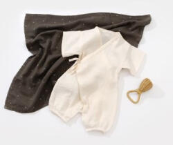 BabyCosy Salopeta petrecuta din muselina, BabyCosy, 100% bumbac organic, Ecru (Marime: 6-9 luni)