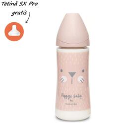 Suavinex Biberon din sticlă 240 ml cu tetină rotundă din silicon, 3 fluxuri, pisică roz Hygge Suavinex