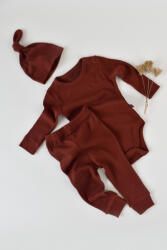 BabyCosy Set 3 piese: body cu maneca lunga, pantaloni lungi si caciulita din bumbac organic si modal - Caramiziu, BabyCosy (Marime: 18-24 Luni)