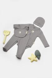 BabyCosy Set 4 piese: body, pantaloni, baveta si caciulita Bamboo, gri, BabyCosy, 50% bumbac+50mbus (Marime: 0-3 Luni)
