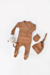 BabyCosy Set 4 piese: bluza, pantaloni, caciulita si manusi din bumbac organic si modal - Maro, BabyCosy (Marime: 0-3 Luni)