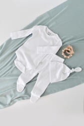 BabyCosy Set 3 piese: body cu maneca lunga, pantaloni lungi cu botosei si caciulita din bumbac organic si modal - Alb, BabyCosy (Marime: 0-3 Luni)