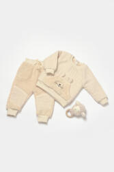 BabyCosy Set bluza cu buzunar si pantaloni Ursulet, Winter muselin, 100% bumbac dublat - Stone, BabyCosy (Marime: 18-24 Luni)