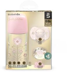 Suavinex Set biberon 270ml + suzetă 0-6m + lănțișor Roz Gold Premium Set pentru masa bebelusi