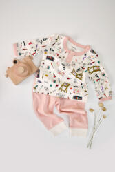 BabyCosy Set bluzita cu maneca lunga si nasturei si pantaloni lungi, 100% bumbac organic, BabyCosy, Pudra (Marime: 18-24 Luni)