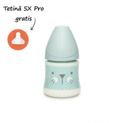 Suavinex Biberon 150 ml cu tetină rotundă din silicon, debit lent, pisică verde Hygge Suavinex