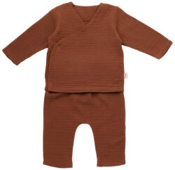 BabyCosy Set bluzita petrecuta si pantaloni lungi din muselina, BabyCosy, 100% bumbac organic, Caramiziu (Marime: 9-12 luni)