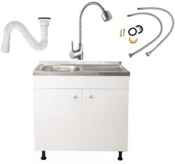Casablanca Set Masca Chiuveta Alba 80 cm X 50 cm X 80 cm, Chiuveta inox, Baterie lebada flexibila si Sifon scurgere (DMO-8050AL)