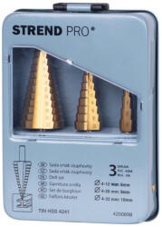 Strend Pro Lépcsős fémfúrókészlet, Strend Pro SS421, 3 db, 4-12 mm, 4-20 mm, 4-32 mm, HSS 4241 gyorsacél, titán-nitrid bevonat (TiN), egyenes kialakítás (TC4200698)