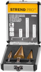 Strend Pro Lépcsős fémfúrókészlet, Strend Pro, 3 db, 4-12 mm, 4-20 mm, 4-32 mm, HSS 4241 gyorsacél, titán-nitrid bevonat (TiN), egyenes kialakítás (TC4201225)