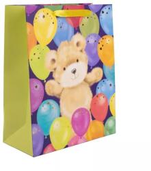 QX Punguță cadou aurie cu ursuleț și baloane - 26 x 32 cm (370778)
