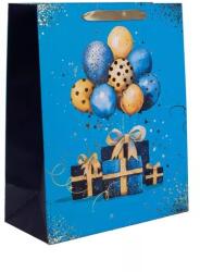 QX Pungă cadou aurie cu balon albastru și cutie de cadou - 31 x 42 cm (370658)