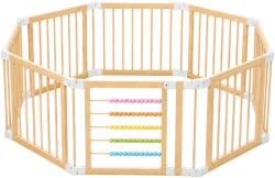 Ginger Home Fa Járóka, 8 Panellel, Ajtóval, Készségfejlesztő Busy Boarddal és Biztonsági Zárral, Tömör Új-Zélandi Fenyő, 140×140×61 cm