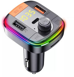 YESIDO - Autós töltő (Y45) - FM adóval, 2xUSB-A, Type-C, LED kijelző, RGB fény, 18W - fekete (KF235660)