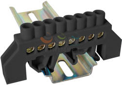 TRACON Szigetelt N/PE-sín 6x9mm 8x2, 5-16mm2 fekete 63A sárgaréz kezeletlen TRACON NPE-BK6-8