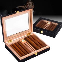  Humidor trabucuri din lemn de cedru, Luxofia, umidificator si higrometru, finisaj lucios, interior cedru aromat, 18 trabucuri, 23.8 x 18.8 x 4.8 cm, negru (111)