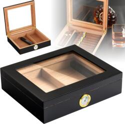  Humidor trabucuri din lemn de cedru, Luxofia, umidificator, hygrometru incluse, finisaj mat, interior cedru aromat, 25 trabucuri, 26 x 22 x 6.8 cm, Negru (113)