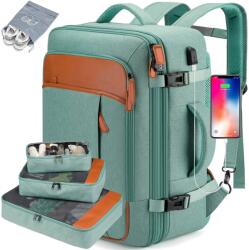  Rucsac de calatorie, Luxofia, 40L, bagaj de mana aprobat pentru zbor, port USB, extensibil, rezistent la apa, include 3 cuburi de ambalare, verde (187)