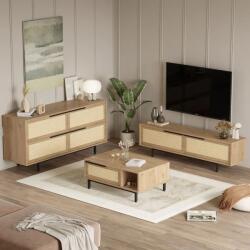 Hanah Home 3 darabos nappali szett, TV szekrény 160 cm, kávézóasztal 90 cm, komód 160 cm, 18 mm-es PAL, UV nyomtatás, fém lábak, tölgyfa - Ellenőrzött A · Re-Bloom