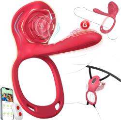 SuperLove Rose Wearable Dual Stimulation Vibrator & Penis Ring with Remote & App Red Vibrator