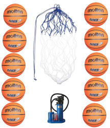 Molten Pachet 10 mingi baschet Molten MB5 marime 5 + pompa universala + plasa mingi Molten BN10 , set antrenament baschet (10xMB5+BN10+1517)