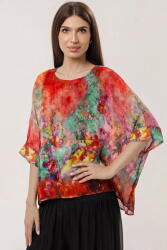 SHOPIKA Bluza vaporoasa tip poncho din matase si vascoza, croi oversized cu print floral pe fond rosu si maneci largi fluide Talie unica