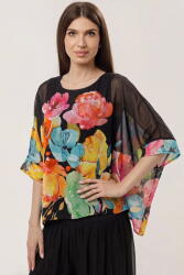 SHOPIKA Bluza vaporoasa tip poncho din matase si vascoza, croi oversized cu print floral pe fond negru si maneci largi fluide Talie unica