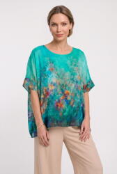 SHOPIKA Bluza vaporoasa tip poncho din matase, croi oversized cu print pictural multicolora pe fond turcoaz Talie unica