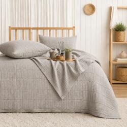 Saheser® Set cuvertura din muselina 240x260cm cu 2 fete de perna, Sortie Vizon (Gri/ Bej), Saheser Home