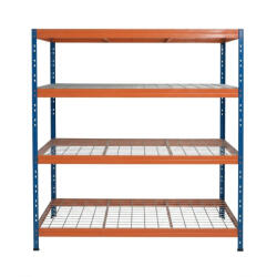 AR Shelving RIVET PRO nagy teherbírású állvány, 180×150×45 cm, 4 szint, acélrács polccal, 300 kg/polc, kék-narancs
